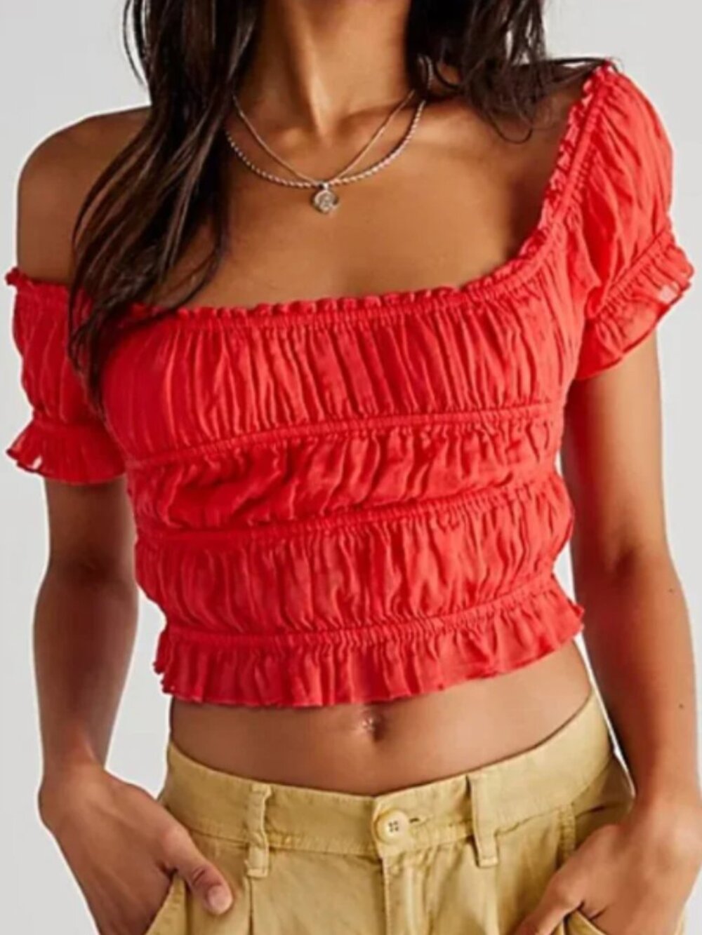 Free‎ People One Cheri red puff sleeve cropped sheer milkmaid top S